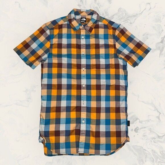 The North Face Men’s Small Plaid Short Sleeve Orange Blue Button Up Size Small - Picture 1 of 6